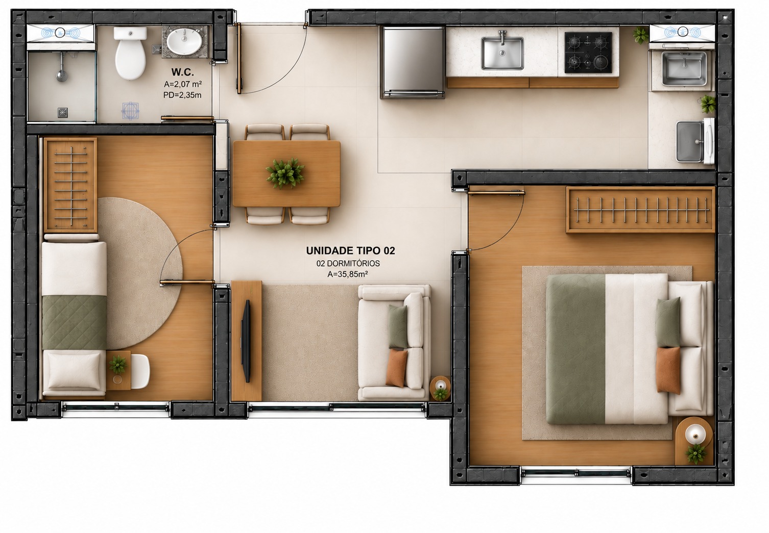 Planta de apartamento de 2 quartos do Smart Ouro Verde Campinas